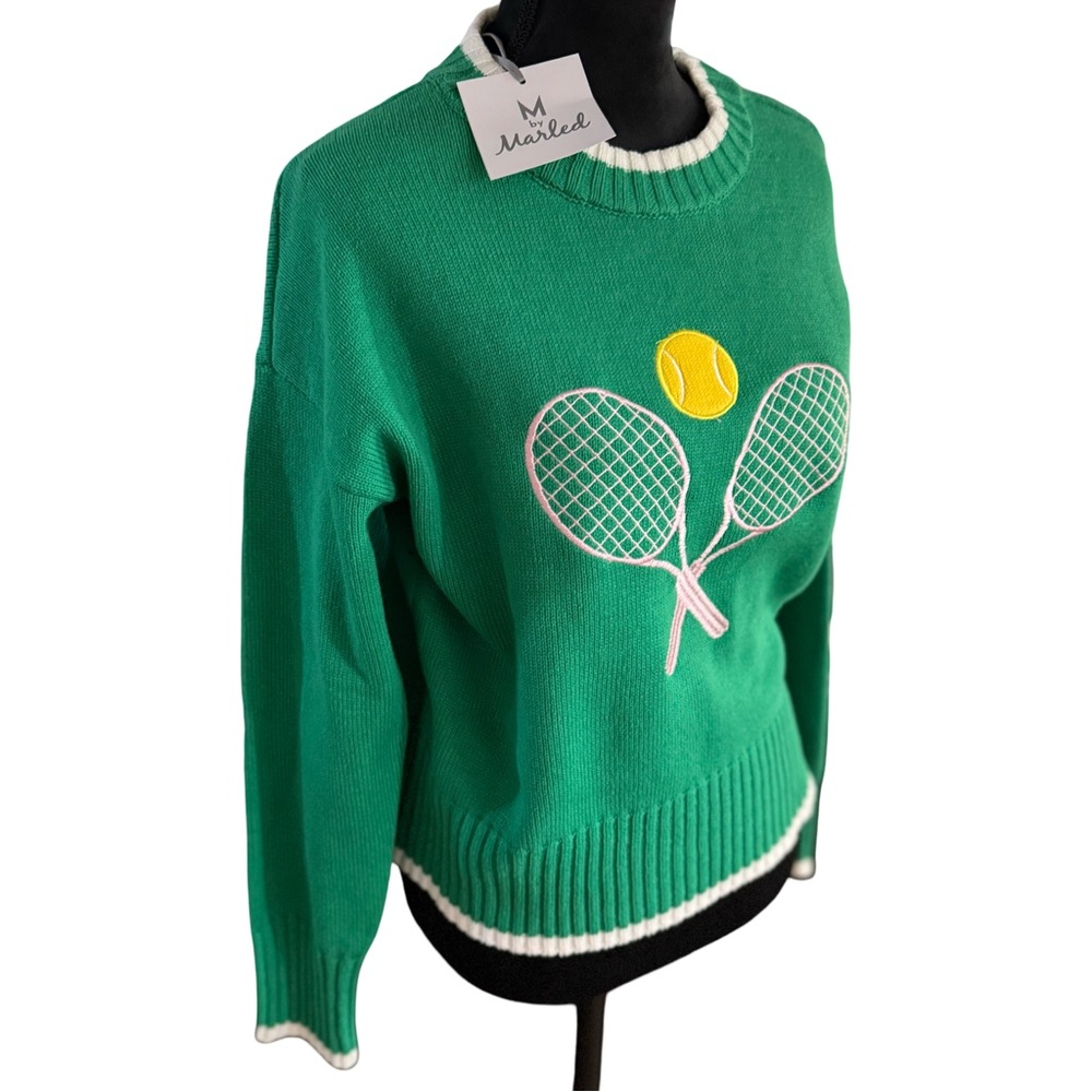 M by‎ Marled Green Tennis Sweater Embroidered Racket Graphic NWT - Picture 4 of 5